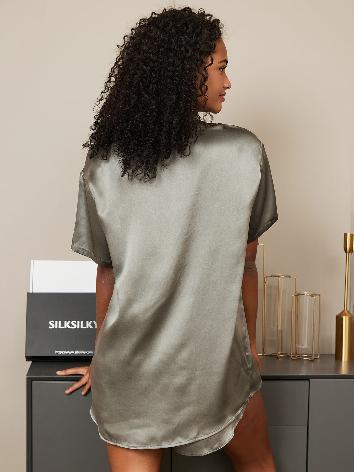[Graugrün] SilkSilky-DE Short Sleeve Round Neck Damen Pyjamas 002