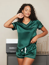 [Grün] SilkSilky-DE Reine Seide Kurzärmelig V Ausschnitt Damen Pyjamas 002