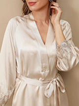 [Elfenbeinfarbe] SilkSilky-DE 3/4 Sleeve V Neck Nachthemd&Morgenmantel Set 009