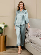 [Hellblau] SilkSilky-DE Long Sleeve Notch-Kragen Damen Pyjamas 001