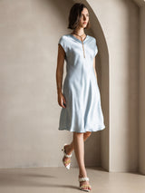 [Hellblau] SilkSilky-DE Cap Sleeve V Neck Kleider 006