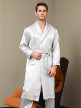 [Hellgrau] SilkSilky-DE 19Momme Reine Seide Langärmelig Mens Robe 001