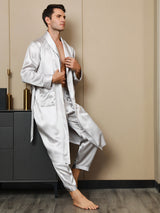 [Hellgrau] SilkSilky-DE 19Momme Reine Seide Langärmelig Mens Robe 005