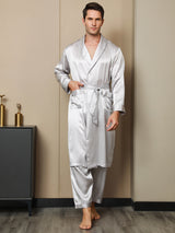 [Hellgrau] SilkSilky-DE 19Momme Reine Seide Langärmelig Mens Robe 006