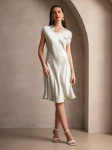 [Hellgrün] SilkSilky-DE Cap Sleeve V Neck Kleider 006