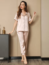 [Hellrosa] SilkSilky-DE Kurzärmelig Notch-Kragen Damen Pyjamas 001