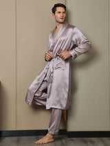 [Blasses Mauve] SilkSilky-DE 19Momme Reine Seide Langärmelig Mens Robe 006