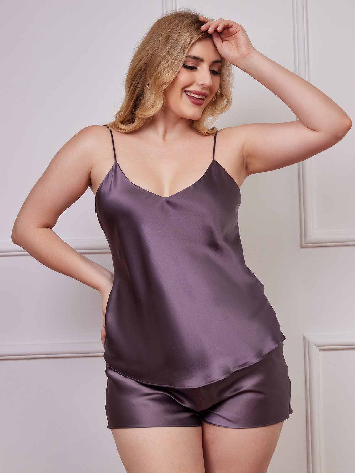 [Lilagrau] SilkSilky-DE Spaghettiträger V Ausschnitt Camisole-Set Große Größen 003