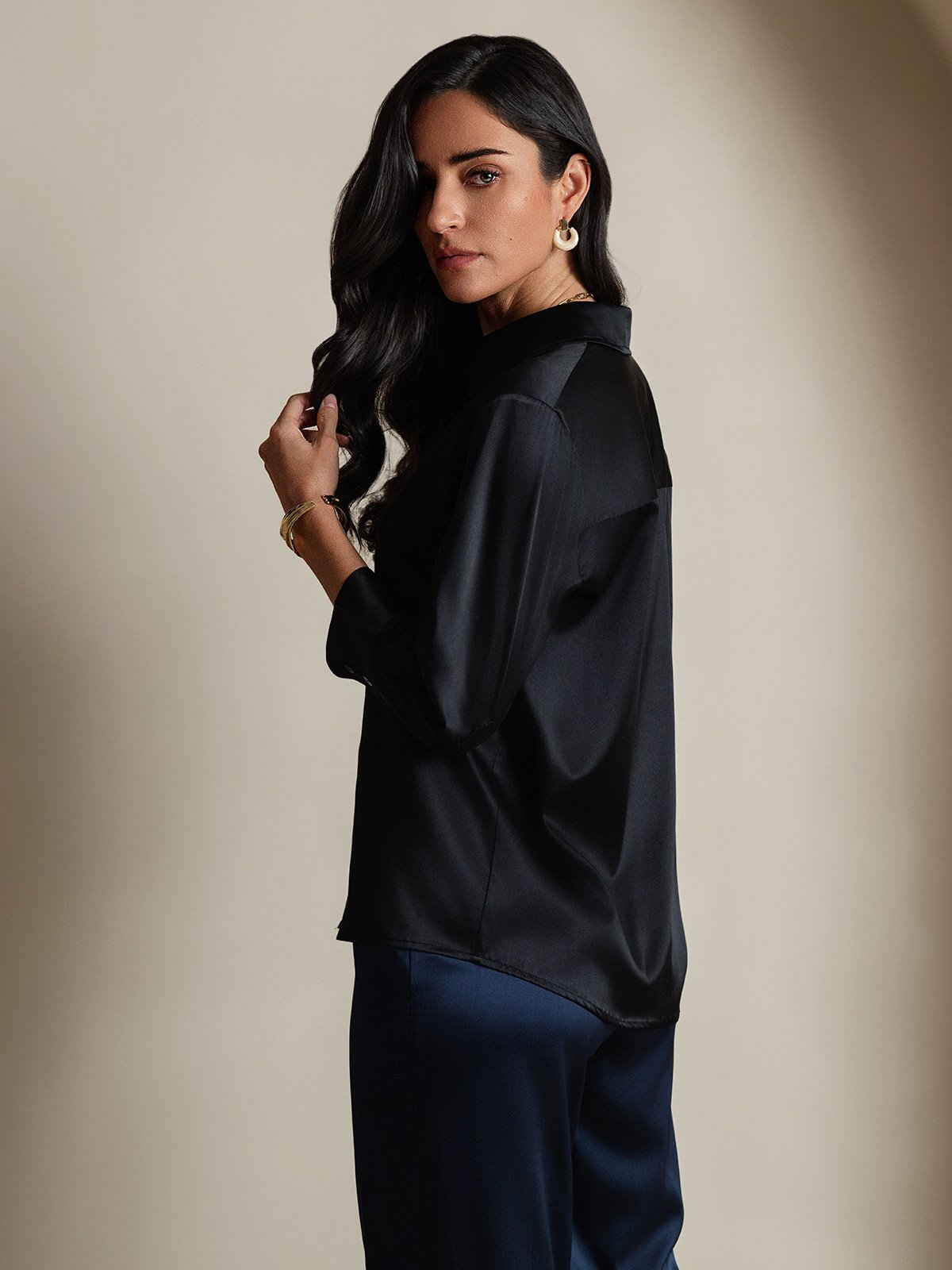 [Schwarz] SilkSilky-DE 19Momme Seide Langärmelig Womens Shirt 002