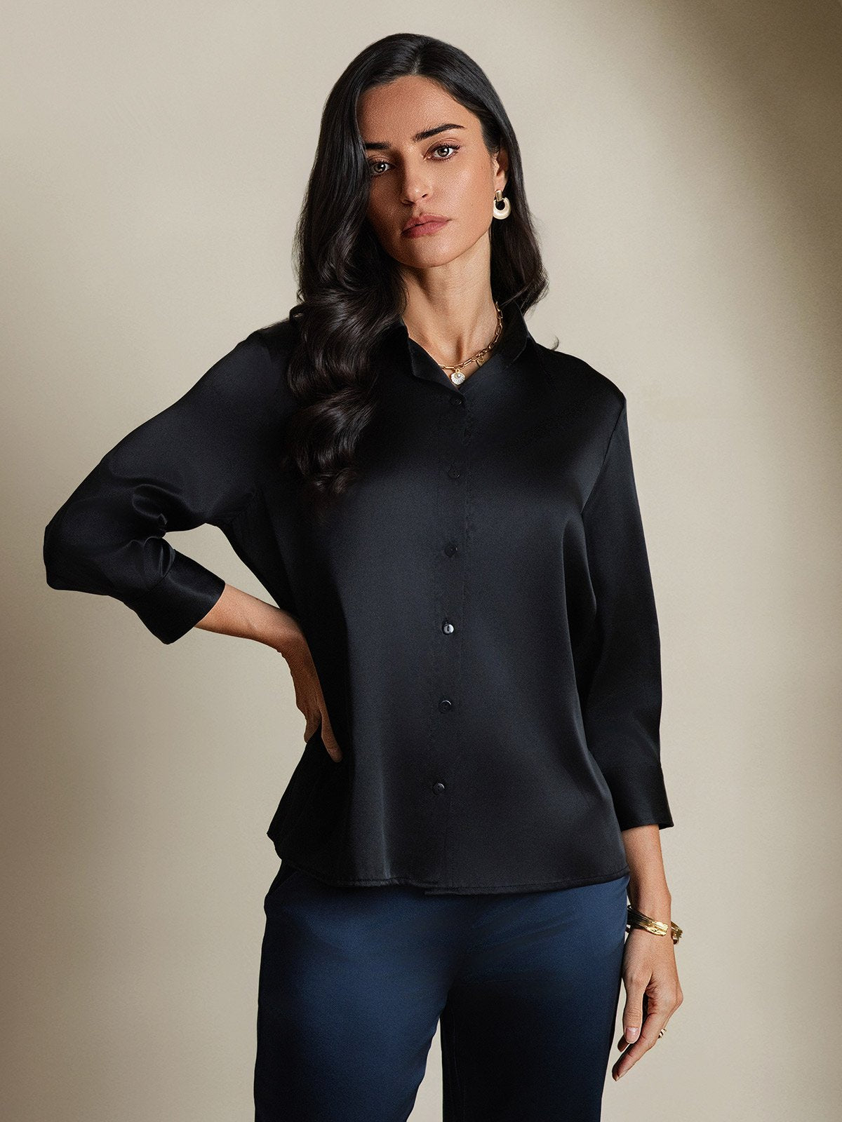 [Schwarz] SilkSilky-DE 19Momme Seide Langärmelig Womens Shirt 004