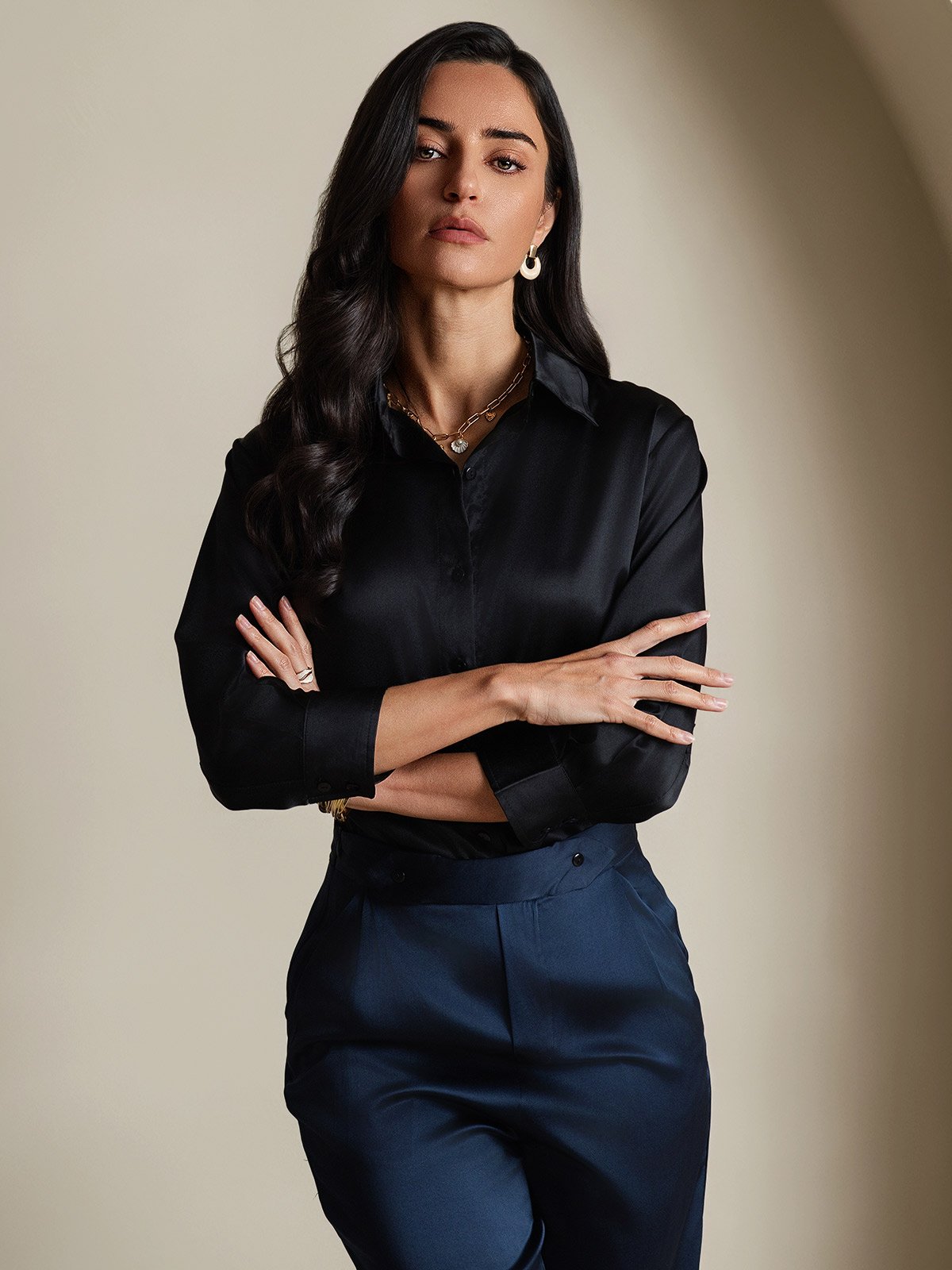 [Schwarz] SilkSilky-DE 19Momme Seide Langärmelig Womens Shirt 006