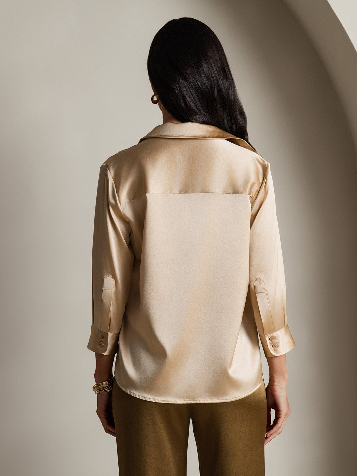 [Champagner] SilkSilky-DE 19Momme Seide Langärmelig Womens Shirt 002