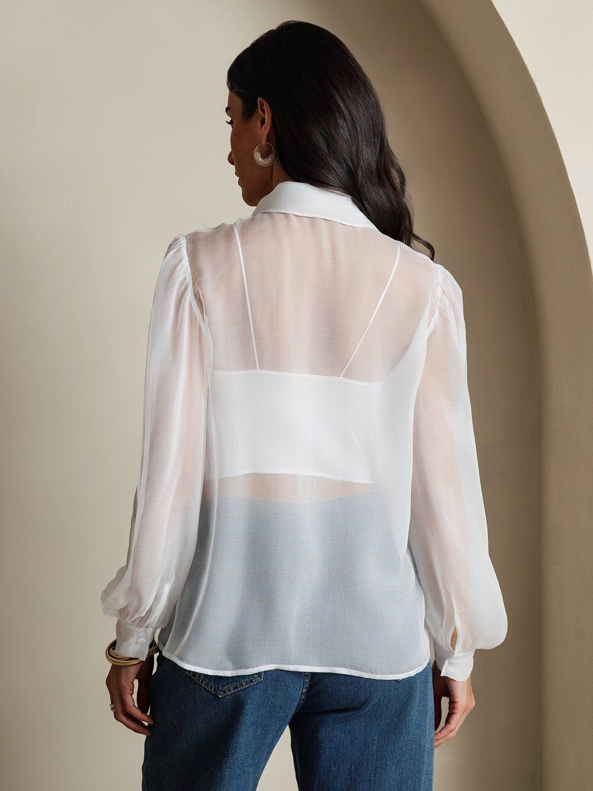 [Weiß] SilkSilky-DE 6Momme Langärmelig Schluppenkragen Damenhemd 002