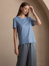 [Blau] SilkSilky-DE Kurzärmelig Rundhalsausschnitt T-Shirt 003