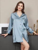 [Stahlblau] SilkSilky-DE Langärmelig Notch-Kragen Schlafhemd 001