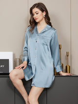[Stahlblau] SilkSilky-DE Langärmelig Notch-Kragen Schlafhemd 004