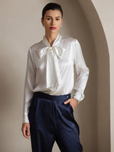 [Weiß] SilkSilky-DE 19Momme Langärmelig Schluppenkragen Bluse 003