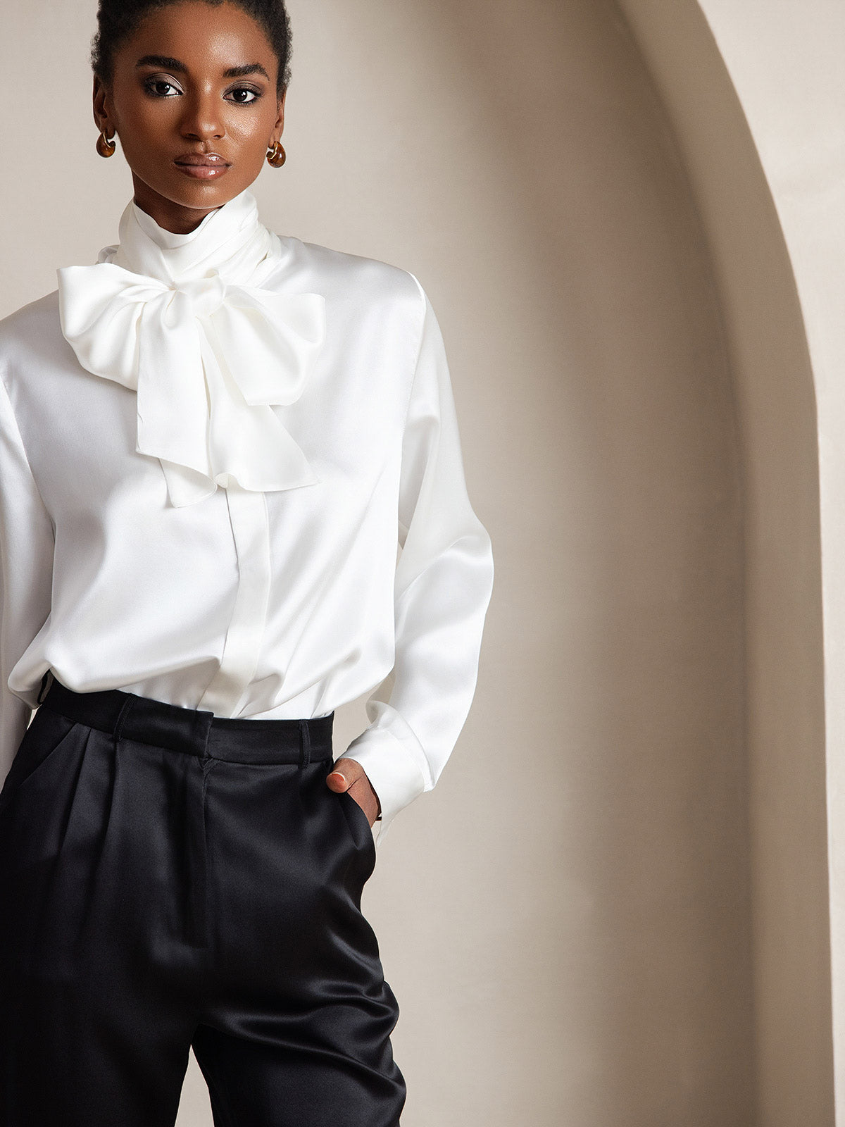 [Weiß] SilkSilky-DE 19Momme Seide Langärmelig Blouse 005