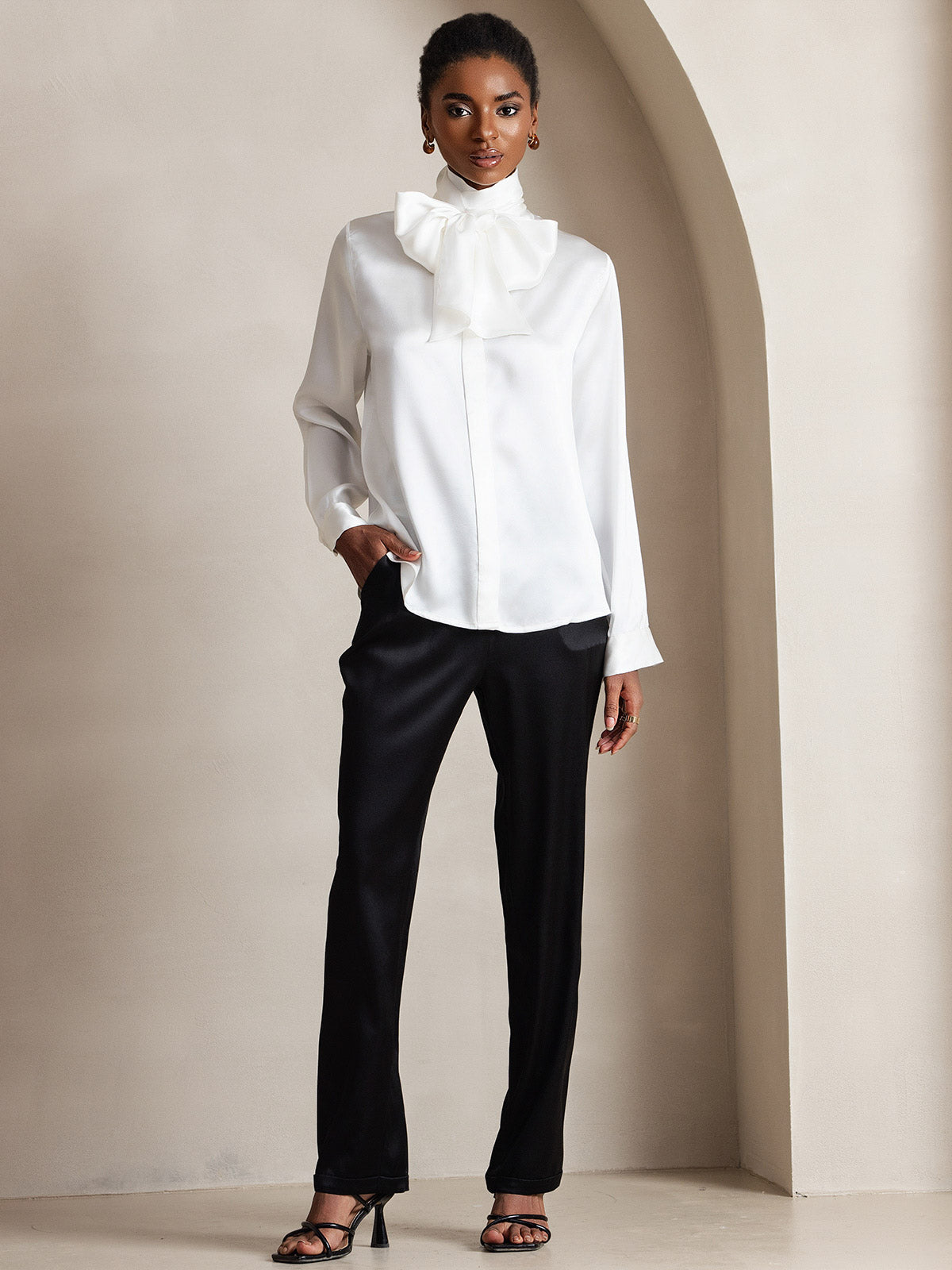 [Weiß] SilkSilky-DE 19Momme Seide Langärmelig Blouse 007