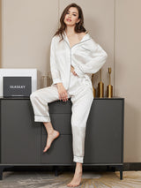 [Weiß] SilkSilky-DE Long Sleeve Notch-Kragen Damen Pyjamas 001