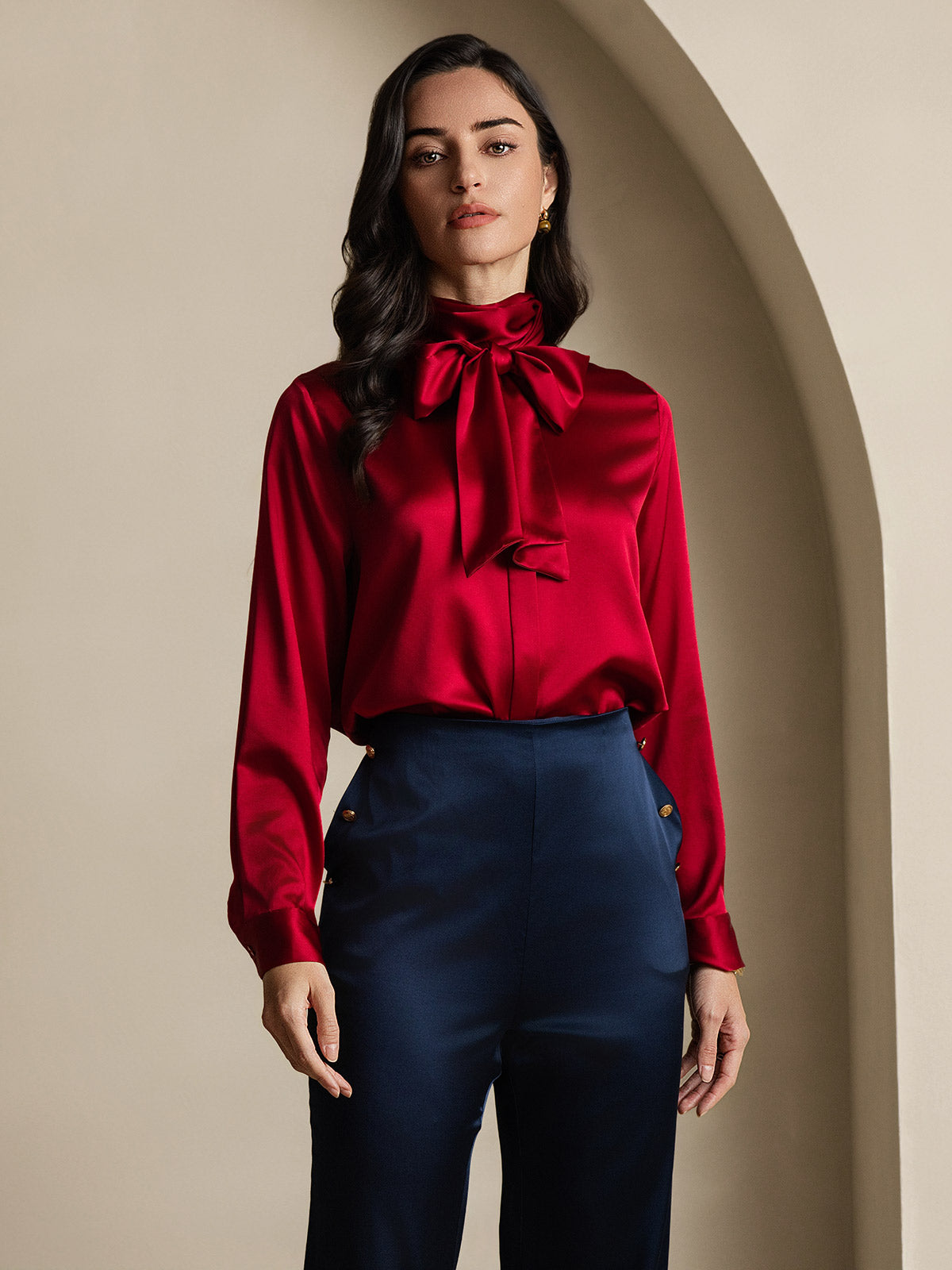 [Rotwein] SilkSilky-DE 19Momme Seide Langärmelig Blouse 006