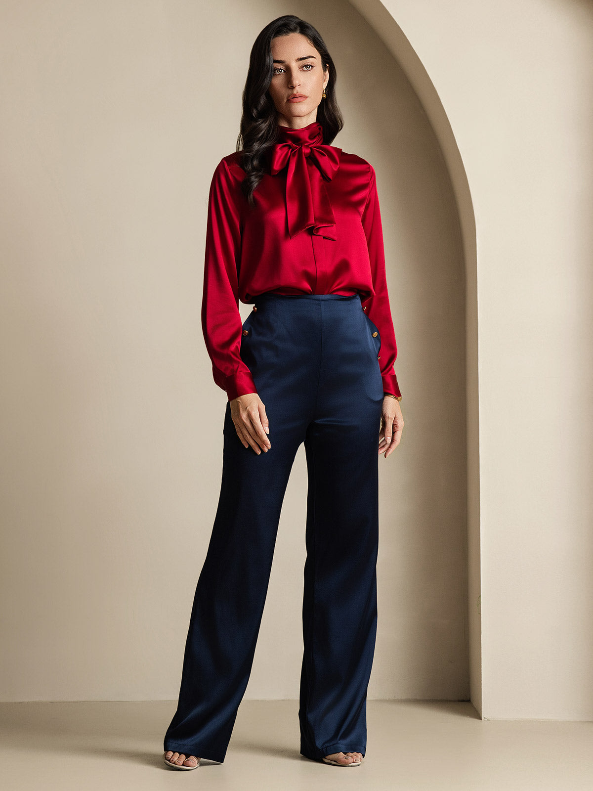 [Rotwein] SilkSilky-DE 19Momme Seide Langärmelig Blouse 007