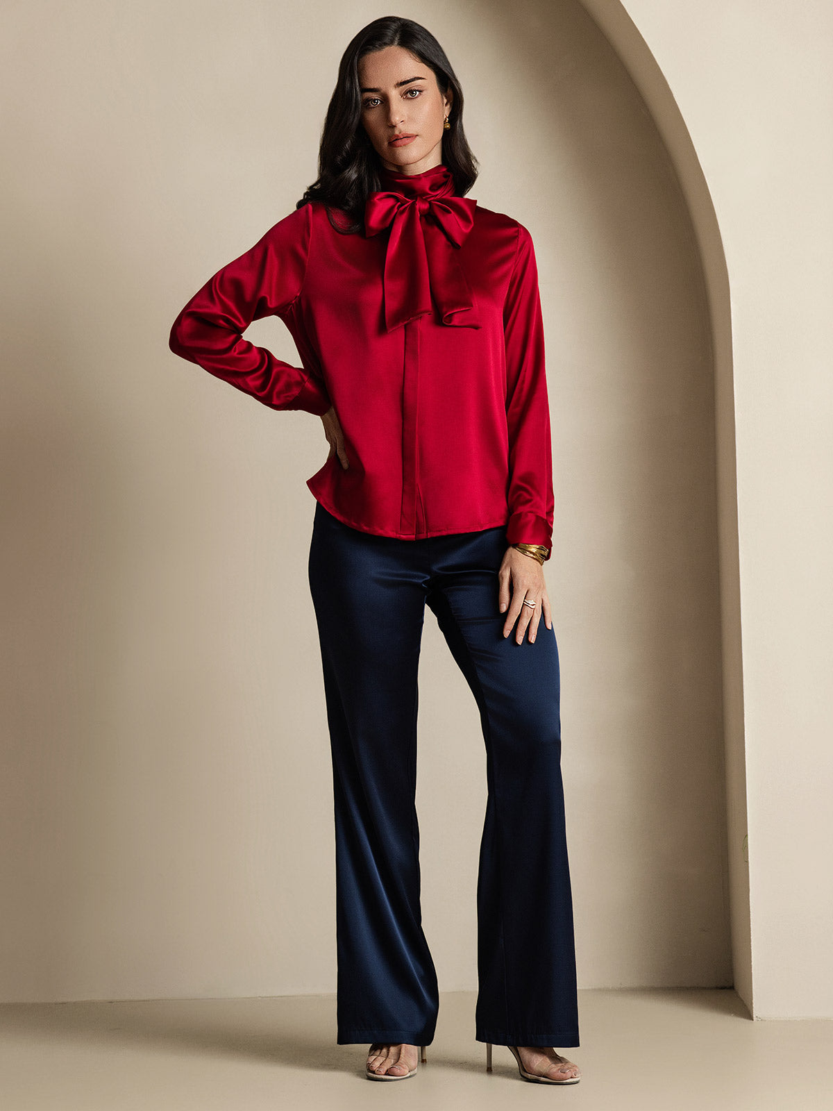 [Rotwein] SilkSilky-DE 19Momme Seide Langärmelig Blouse 008