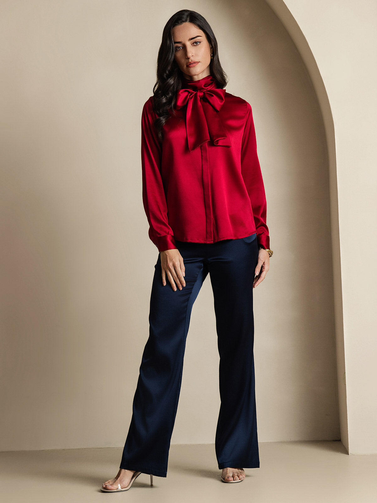 [Rotwein] SilkSilky-DE 19Momme Seide Langärmelig Blouse 010