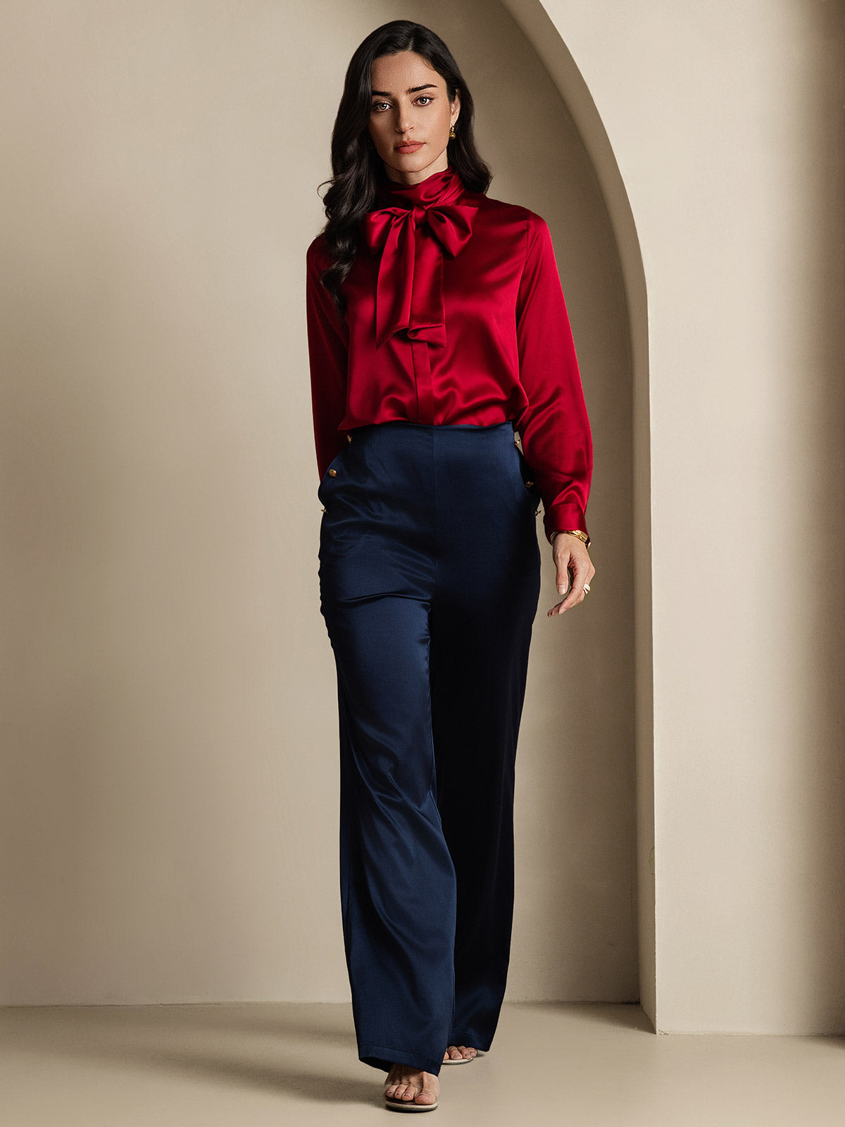 [Rotwein] SilkSilky-DE 19Momme Seide Langärmelig Blouse 011