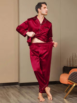 [Rotwein] SilkSilky-DE Long Sleeve Notch-Kragen Herren Pyjamas 008