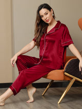 [Rotwein] SilkSilky-DE Kurzärmelig Notch-Kragen Damen Pyjamas 003