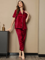 [Rotwein] SilkSilky-DE Kurzärmelig Notch-Kragen Damen Pyjamas 005