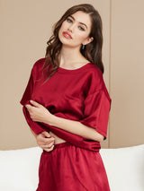 [Rotwein] SilkSilky-DE Kurzärmelig Rundhalsausschnitt Damen Pyjamas 003