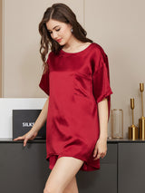 [Rotwein] SilkSilky-DE Kurzärmelig Rundhalsausschnitt Damen Pyjamas 004