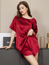 [Rotwein] SilkSilky-DE Kurzärmelig Rundhalsausschnitt Damen Pyjamas 005