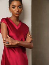 [Rotwein] SilkSilky-DE Cap Sleeve V Neck Kleider 003