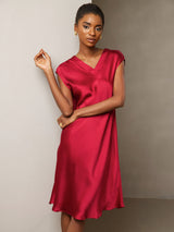 [Rotwein] SilkSilky-DE Cap Sleeve V Neck Kleider 004