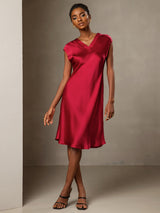 [Rotwein] SilkSilky-DE Cap Sleeve V Neck Kleider 005