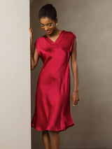 [Rotwein] SilkSilky-DE Cap Sleeve V Neck Kleider 007