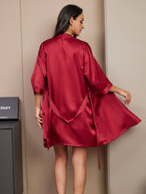 [Rotwein] SilkSilky-DE 3/4-lange Ärmel V Ausschnitt Damen Pyjamas 002