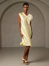 [Gelb] SilkSilky-DE Cap Sleeve V Neck Kleider 001
