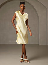 [Gelb] SilkSilky-DE Cap Sleeve V Neck Kleider 005