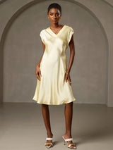 [Gelb] SilkSilky-DE Cap Sleeve V Neck Kleider 006