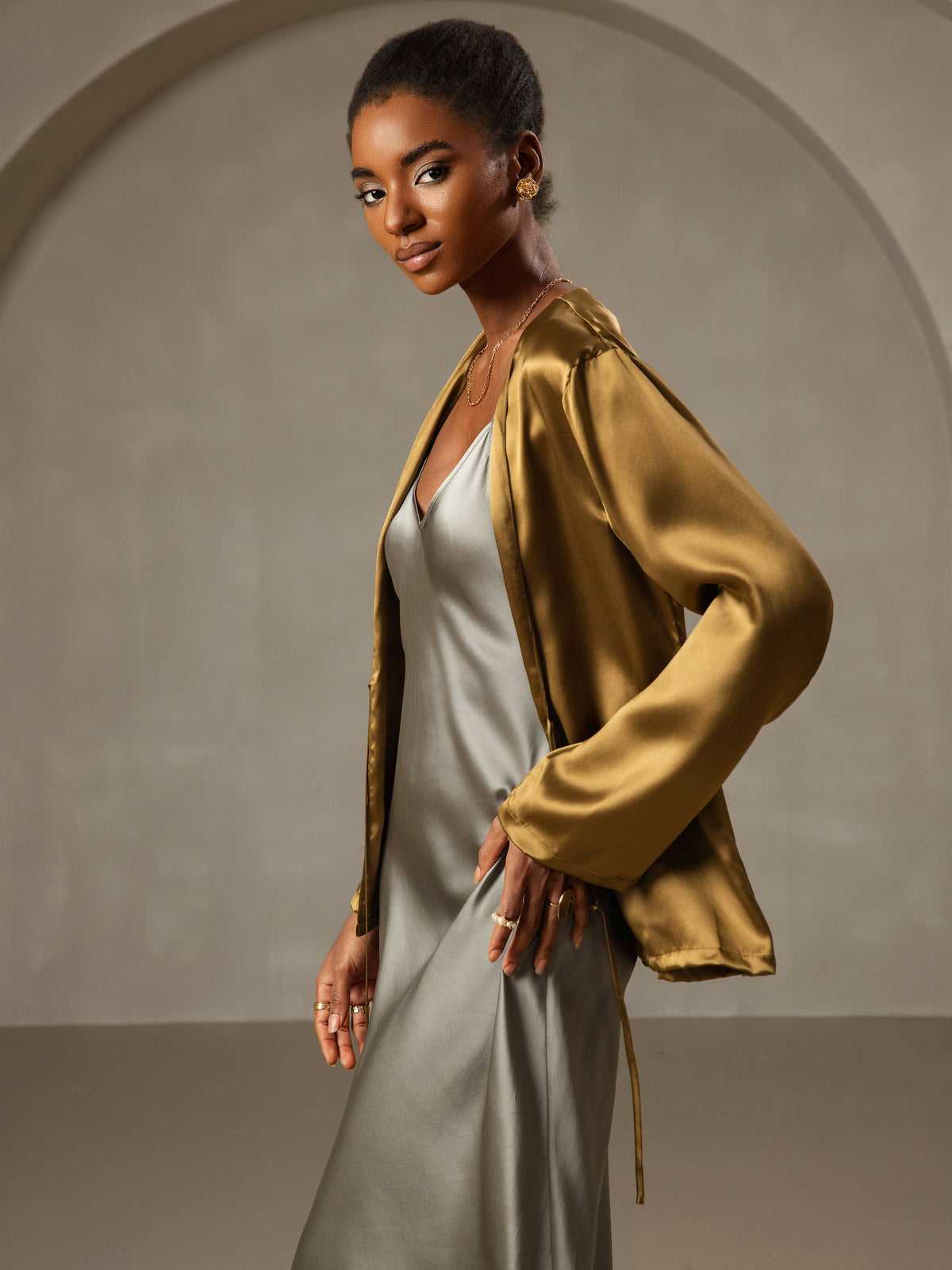 [Graugrün] SilkSilky-DE Reine Seide Dress 006