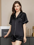 SilkSilky-DE Reine Seide Kurzärmelig Revers Damen Pyjamas Schwarz 003