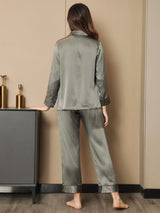 [Graugrün] SilkSilky-DE Reine Seide Langärmelig Womens Pajamas 002
