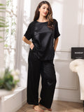 SilkSilky DE Reine Seide Kurzärmelig Rundkragen Damen Pyjamas Schwarz 004