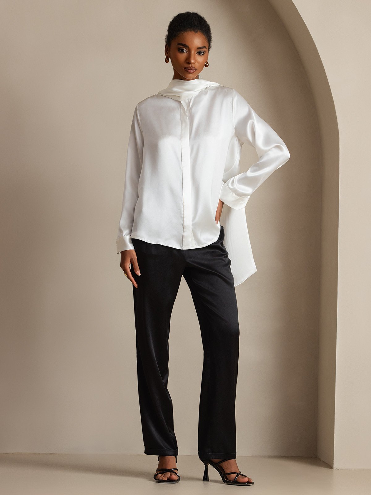 [Weiß] SilkSilky-DE 19Momme Seide Langärmelig Blouse 006