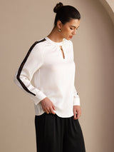 [Weiß] SilkSilky-DE Long Sleeve Keyhole Neck Damenblusen 003