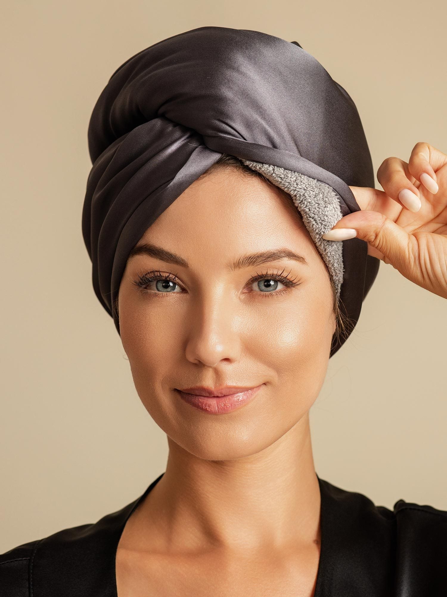 [Dunkelgrau] SilkSilky-DE Reine Seide Hair Towel Wrap 005,